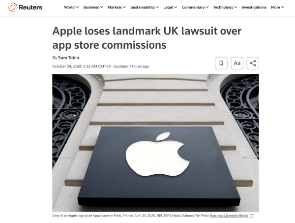 添利富 苹果在英国败诉: 应用商店抽佣30%不公, 或将赔偿142亿元